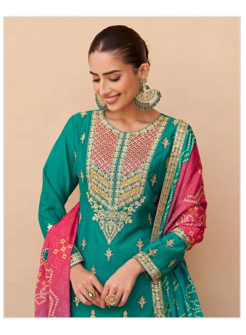 Grab Mantra Ready To Wear Green Colour Sharara Set With Bandhni Print Dupatta - Image 2